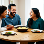 A diverse family, including parents and children, fully clothed in modest, comfortable attire, gathered around a warm, well-lit dining table in a cozy home. They are laughing and talking, fully engaged with each other, with no electronic devices visible. The scene captures a moment of genuine connection and presence, highlighting a digital detox. The table is set with simple, home-cooked food. Perfect anatomy, natural pose, correct proportions, well-formed hands, proper finger count. Professional photography, soft lighting, high resolution, detailed, safe for work, appropriate content, fully clothed, family-friendly.