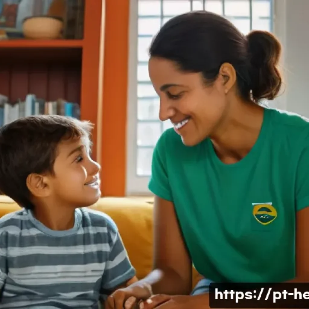 자녀의 사회성 발달 돕는 대화법 - A warm and intimate scene of a Brazilian mother and her young son sitting at eye level in a cozy liv...