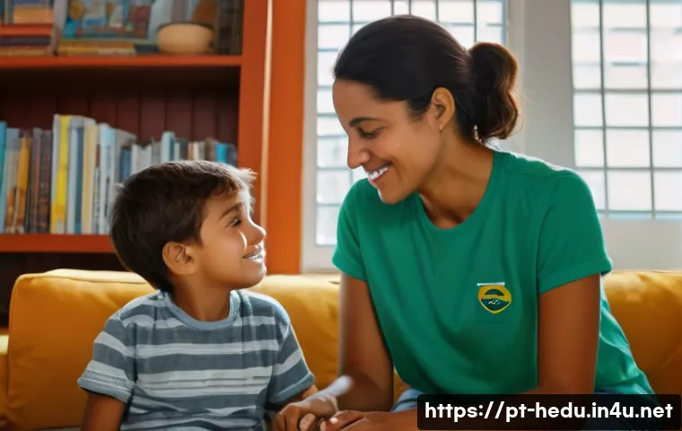 자녀의 사회성 발달 돕는 대화법 - A warm and intimate scene of a Brazilian mother and her young son sitting at eye level in a cozy liv...