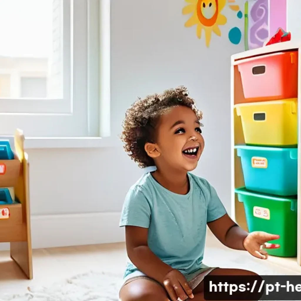 아이의 정리 습관 형성법 - A cheerful, bright children's playroom scene where a young child wearing colorful underwear is happi...