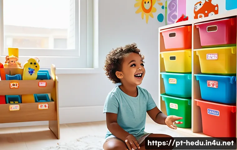 아이의 정리 습관 형성법 - A cheerful, bright children's playroom scene where a young child wearing colorful underwear is happi...