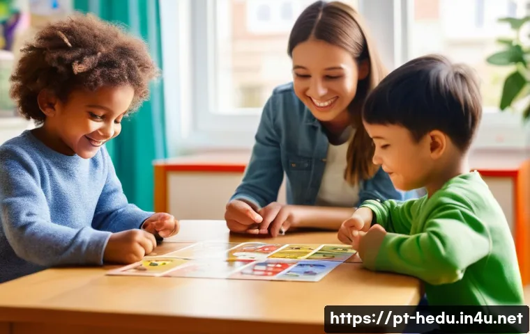아이의 충동 조절 훈련 - A warm, bright classroom scene featuring a diverse group of young children aged 4-6, all wearing col...