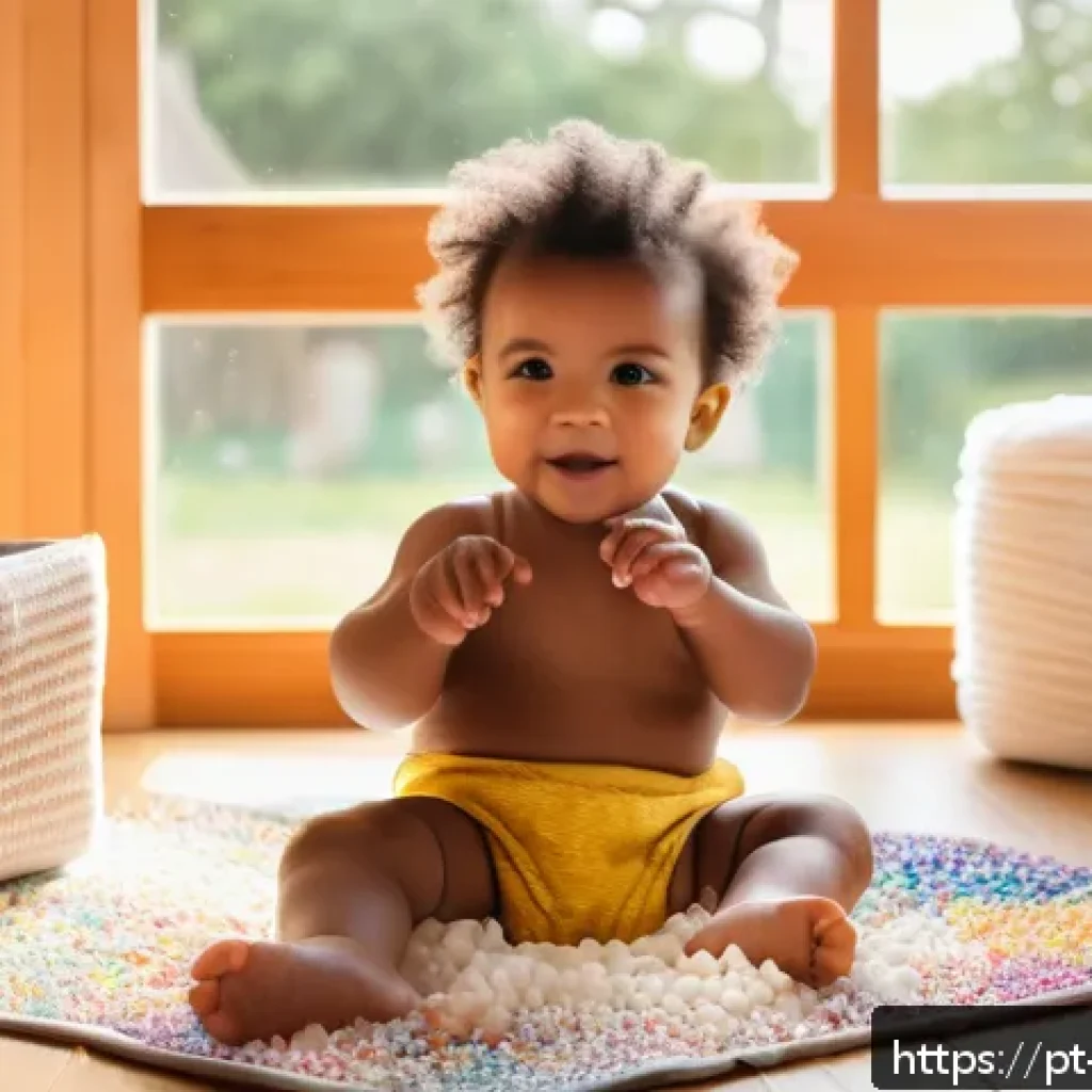 아이의 감각 발달 놀이법 - A toddler wearing a colorful diaper exploring a sensory box filled with various textured materials s...