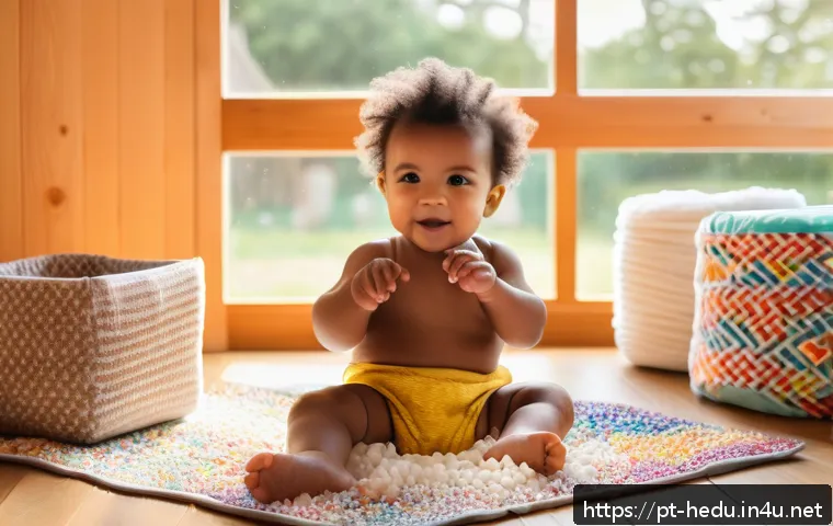 아이의 감각 발달 놀이법 - A toddler wearing a colorful diaper exploring a sensory box filled with various textured materials s...