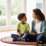 부모와 아이가 함께하는 명상법 - A cozy family meditation corner inside a modern living room, featuring soft natural lighting through...