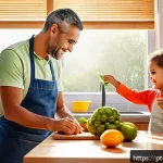 아이의 책임감 강화 프로젝트 - A warm, inviting family kitchen scene featuring a young child wearing casual clothes and a colorful ...