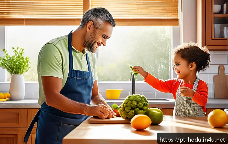 아이의 책임감 강화 프로젝트 - A warm, inviting family kitchen scene featuring a young child wearing casual clothes and a colorful ...