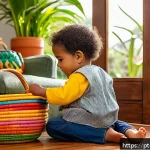 일관된 훈육 방법 - A warm and inviting family living room scene in Brazil, featuring a young child wearing colorful, co...